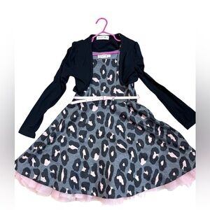 Girls 2-Piece Belted Knitworks Gray and Pink Cheerah Print Dress and Shrug Sz 6X